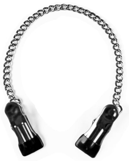 A pair of black rubber-tipped alligator nipple clamps