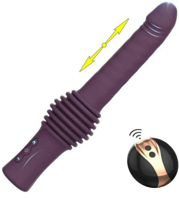 A purple, realistically-shaped dildo that thrusts automatically