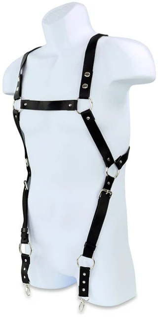 A black leather body harness with thin straps