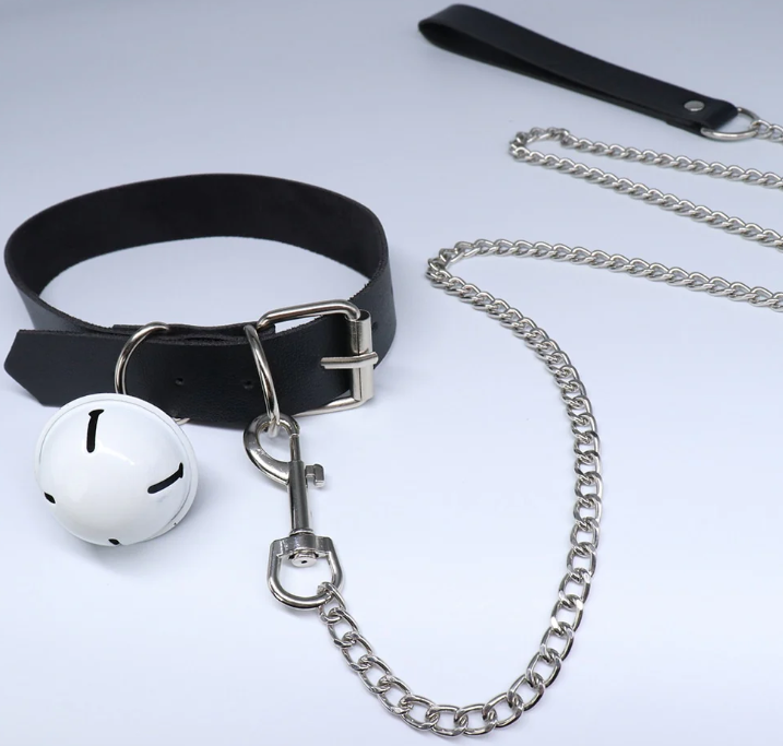 A black leather collar with a shiny chain leash