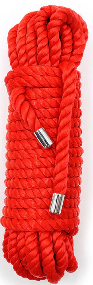 A bundled length of red cotton bondage rope.