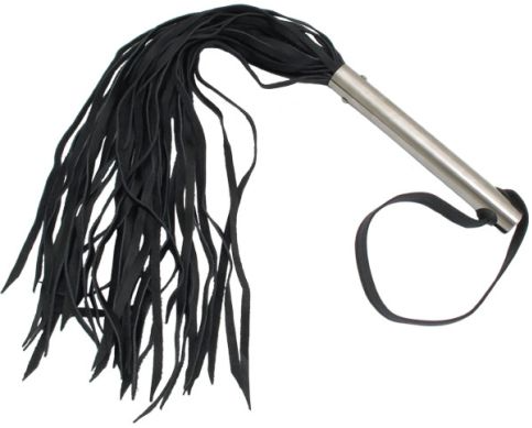 A black leather cat-o-nine tails whip