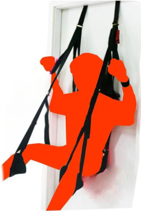 A black sex sling with fabric straps fashioned to hang from a closed door