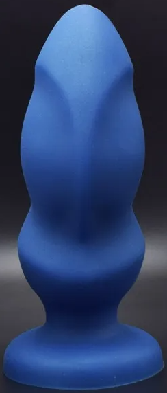 A large, blue silicone dildo with a twisting sort of shape