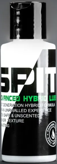 A small black bottle of Spit brand hybrid lube