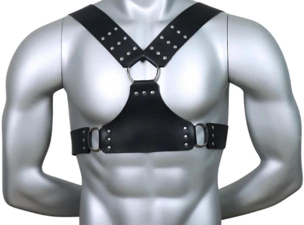 A black leather chest harness with wide straps