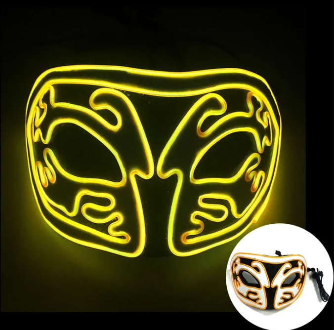 A black masquerade mask decorated with yellow LED tubing