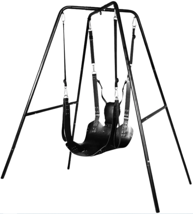 A black leather sex swing hanging on a black metal frame