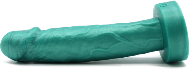 A realistically human-shaped dildo made of teal silicone, fashioned with textured veins and a humanoid head