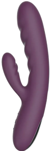 A purple thrusting vibrator with a rabbit portion for clitoral stimulation