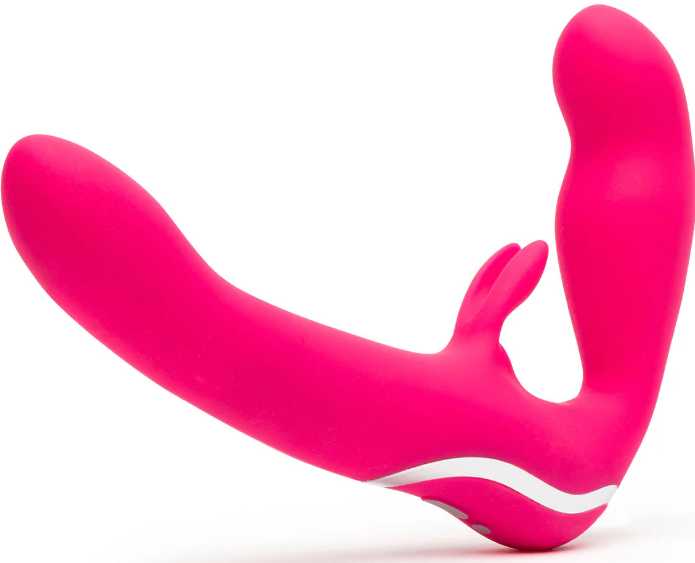 A double-ended vibrating pink dildo designed for pegging